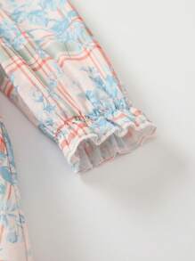 女嬰格紋印花彼得潘領花卉刺繡荷葉袖連衣裙