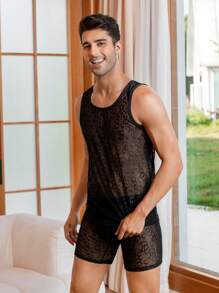 Men Letter Graphic Mesh Sheer Lounge Set - Black - View 1