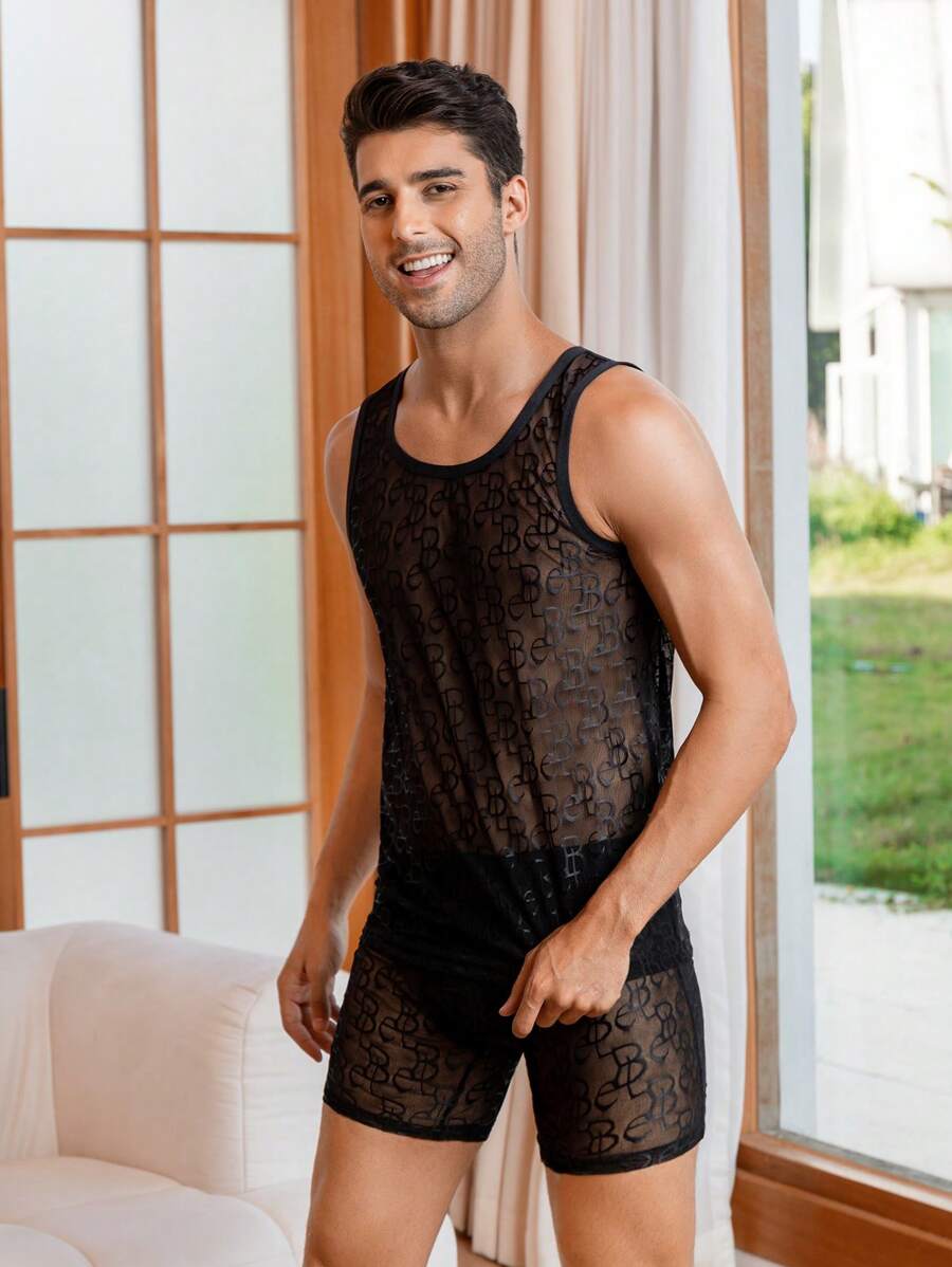 Men Letter Graphic Mesh Sheer Lounge Set - Black - View 1