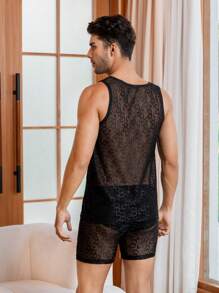 Men Letter Graphic Mesh Sheer Lounge Set - Black - View 2