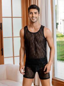 Men Letter Graphic Mesh Sheer Lounge Set - Black - View 3