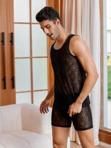 Men Letter Graphic Mesh Sheer Lounge Set - Black - View 4