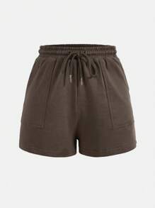 SHEIN BASICS Shorts deportivos lisos con bolsillo oblicuo y cintura con cordón de felpa de felpa - Café integral - Ver 3
