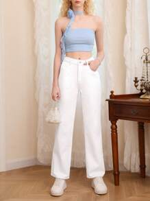 SHEIN MOD 素色直筒牛仔褲 - 白色 - 查看 1