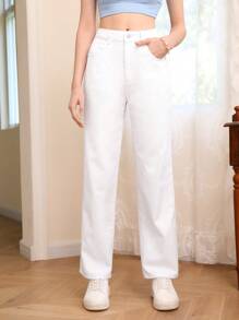 SHEIN MOD 素色直筒牛仔褲 - 白色 - 查看 5