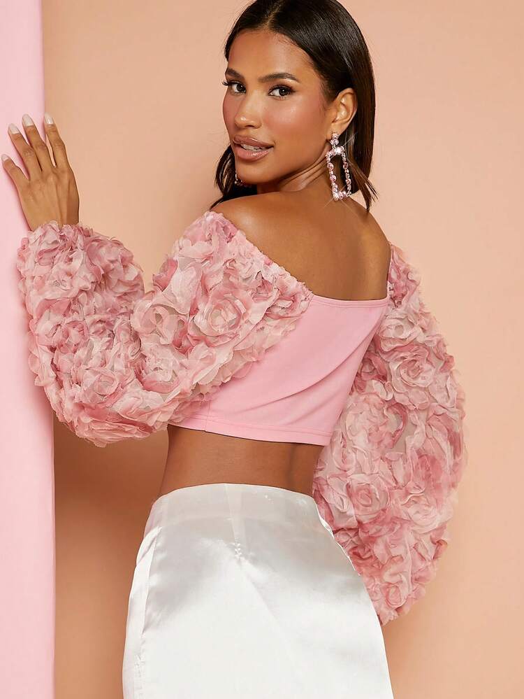 Off Shoulder Appliques Detail Lantern Sleeve Crop Top