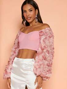SHEIN BAE Off Shoulder Appliques Detail Lantern Sleeve Crop Top