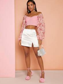 SHEIN BAE Off Shoulder Appliques Detail Lantern Sleeve Crop Top