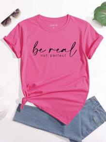 INAWLY Slogan Graphic Tee Be Real Not Perfect - Màu Hồng Tươi - Xem 1