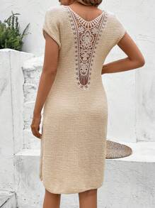 SHEIN Frenchy 拼接水溶蕾絲T恤洋裝 - 杏色 - 查看 4