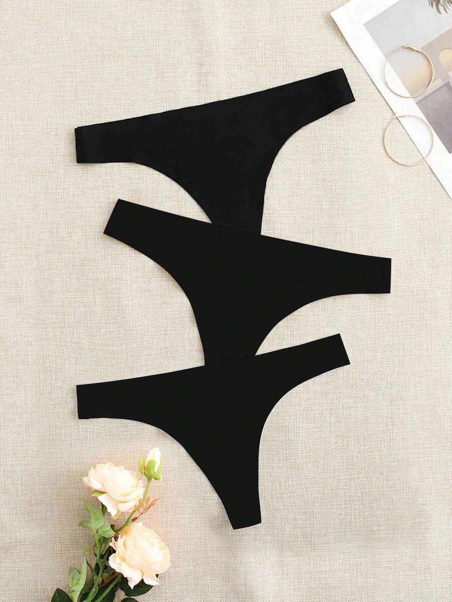 Easithlete 3件装纯色性感运动丁字裤 - 黑色 - 查看 1