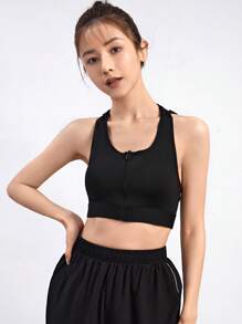 SHEIN Sport Studio Medium Support  Letter Tape Contrast Mesh Hooded Sports Bra