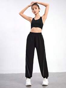 SHEIN Sport Studio Medium Support  Letter Tape Contrast Mesh Hooded Sports Bra