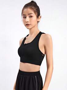 SHEIN Sport Studio Medium Support  Letter Tape Contrast Mesh Hooded Sports Bra