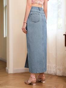 SHEIN MOD 素色高衩牛仔半身裙