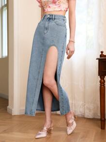 SHEIN MOD 素色高衩牛仔半身裙