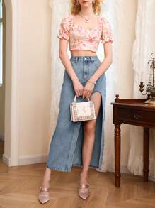 SHEIN MOD 素色高衩牛仔半身裙