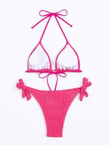 水钻装饰吊带三角比基尼套装，适合夏季海滩度假 - 玫紅色 - 查看 5