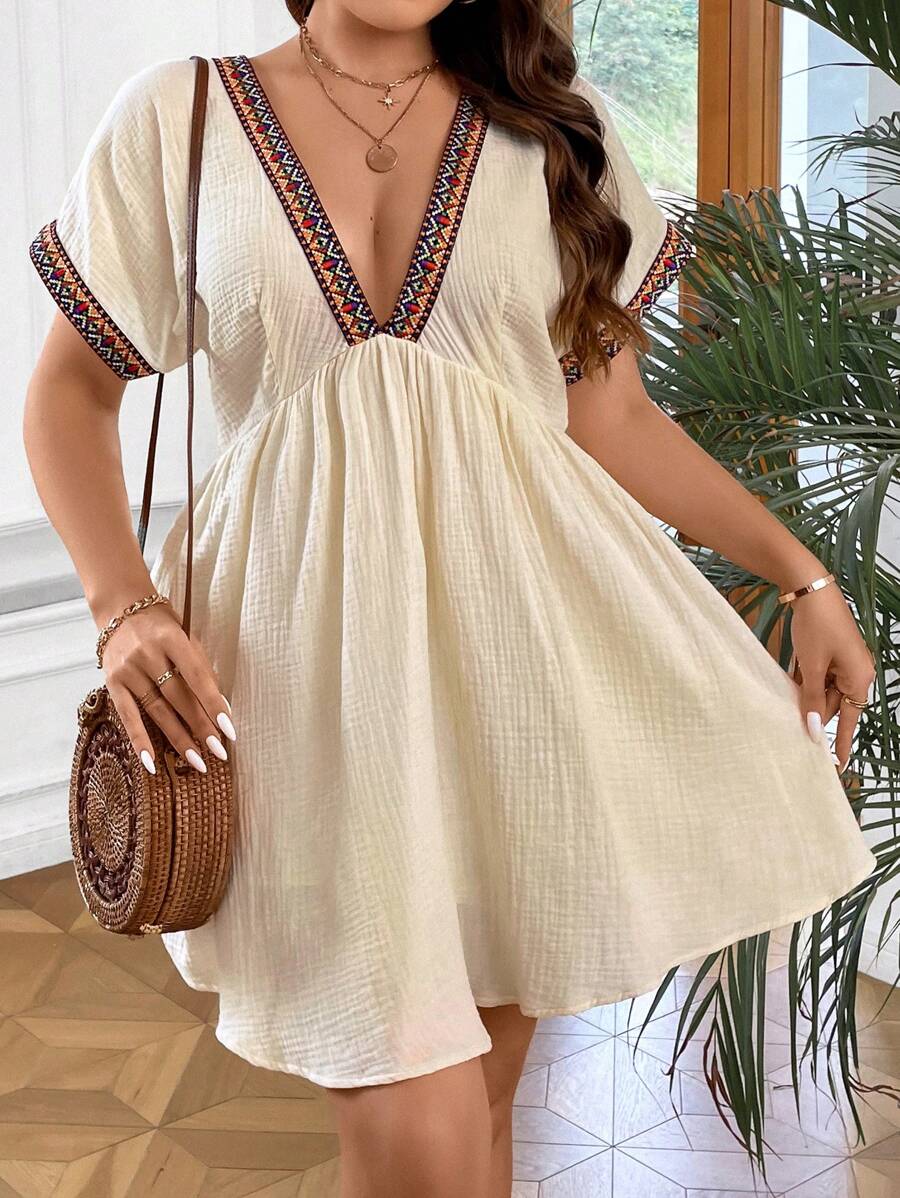 SHEIN Holidaya Plus Contrast Tape Batwing Sleeve Dress - Apricot - View 1