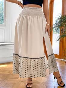 Celure Plus Polka Dot Print Split Thigh Ruffle Hem Skirt - Apricot - View 4