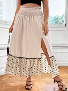 Celure Plus Polka Dot Print Split Thigh Ruffle Hem Skirt - Apricot - View 5