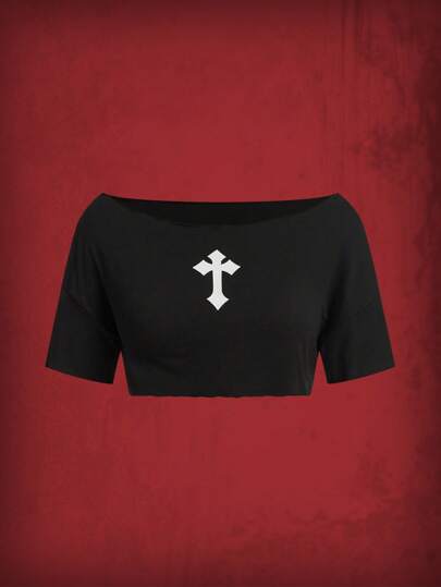 Grunge Punk Crop T-Shirt mit Kreuz, Muster,