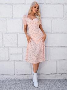 SHEIN LUNE Allover Floral Print Sweetheart Neck Puff Sleeve Dress - Baby Pink - View 5