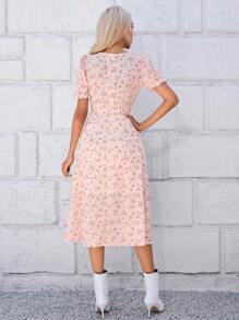 SHEIN LUNE Allover Floral Print Sweetheart Neck Puff Sleeve Dress - Baby Pink - View 2