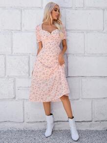 SHEIN LUNE Allover Floral Print Sweetheart Neck Puff Sleeve Dress - Baby Pink - View 3