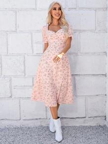 SHEIN LUNE Allover Floral Print Sweetheart Neck Puff Sleeve Dress - Baby Pink - View 4