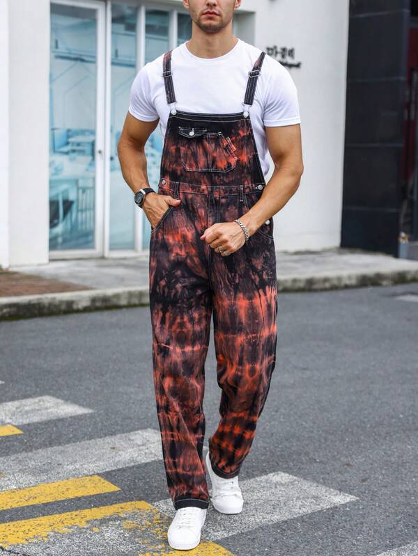 Manfinity EMRG Men Tie Dye Flap Pocket Denim Overalls Without Tee