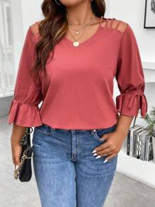 Calvaya Plus Cut Out Knot Flounce Sleeve Blouse