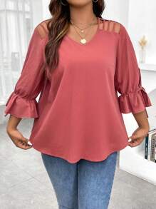 Calvaya Plus Cut Out Knot Flounce Sleeve Blouse