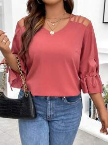 Calvaya Plus Cut Out Knot Flounce Sleeve Blouse