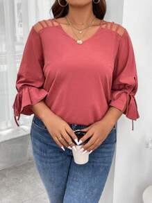 Calvaya Plus Cut Out Knot Flounce Sleeve Blouse
