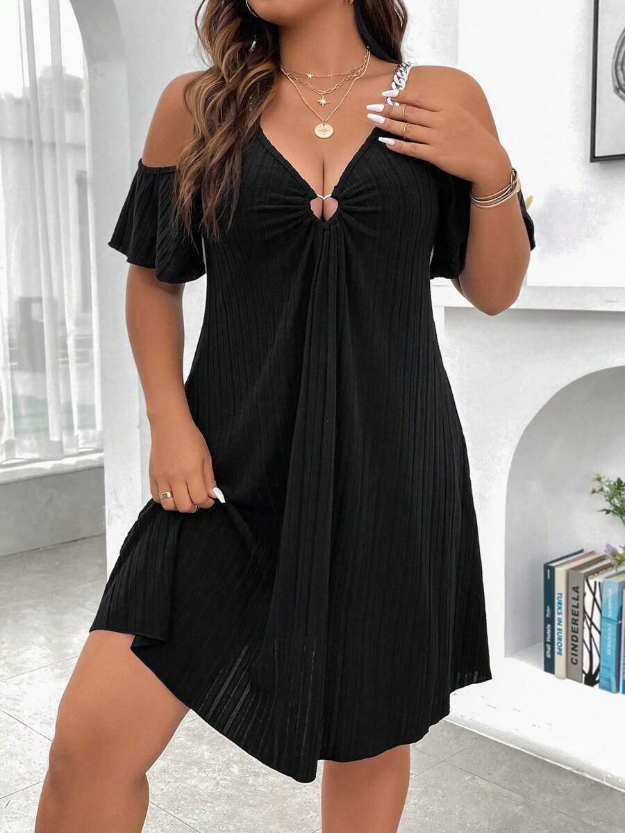 Calvaya Plus Cold Shoulder Ring Linked Ruched Bust Dress - Black - View 1
