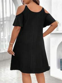 Calvaya Plus Cold Shoulder Ring Linked Ruched Bust Dress - Black - View 2