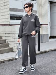 SHEIN Teen Girl Letter Graphic Drop Shoulder Hoodie & Joggers - Dark Grey - View 6
