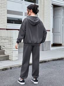 SHEIN Teen Girl Letter Graphic Drop Shoulder Hoodie & Joggers - Dark Grey - View 2