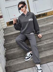 SHEIN Teen Girl Letter Graphic Drop Shoulder Hoodie & Joggers - Dark Grey - View 3