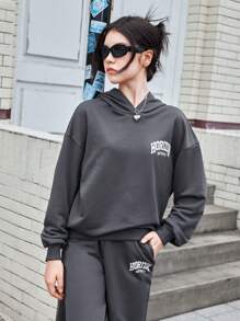 SHEIN Teen Girl Letter Graphic Drop Shoulder Hoodie & Joggers - Dark Grey - View 4