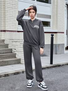 SHEIN Teen Girl Letter Graphic Drop Shoulder Hoodie & Joggers - Dark Grey - View 5