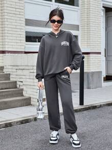 SHEIN Teen Girl Letter Graphic Drop Shoulder Hoodie & Joggers - Dark Grey - View 1