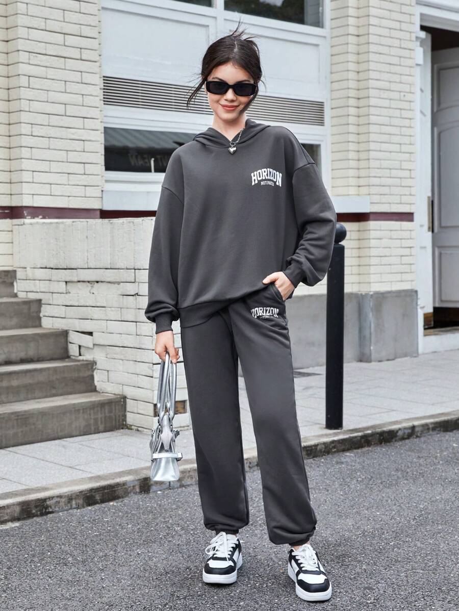 SHEIN Teen Girl Letter Graphic Drop Shoulder Hoodie & Joggers - Dark Grey - View 1