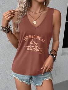 SHEIN LUNE Top tank con estampado de slogan - Marrón Chocolate - Ver 3