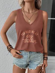 SHEIN LUNE Top tank con estampado de slogan - Marrón Chocolate - Ver 4