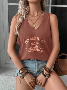 SHEIN LUNE Top tank con estampado de slogan - Marrón Chocolate - Ver 5