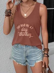 SHEIN LUNE Top tank con estampado de slogan - Marrón Chocolate - Ver 6