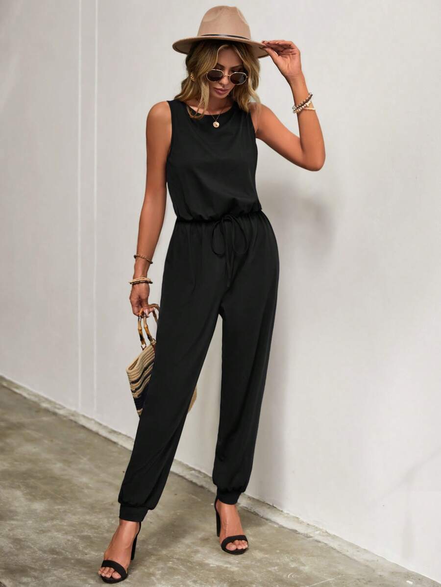 SHEIN LUNE Solid Knot Waist Tank Jumpsuit - Black - View 1