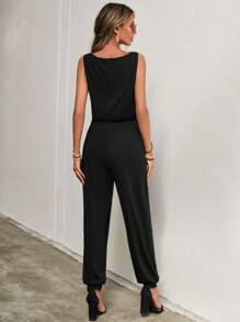 SHEIN LUNE Solid Knot Waist Tank Jumpsuit - Black - View 2